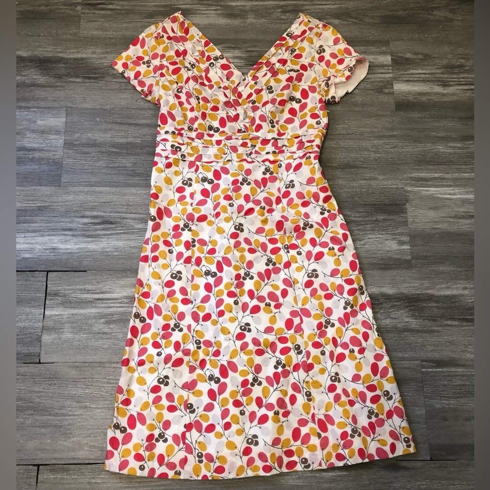 Boden Women 4R‎ Regatta Dress Olive Branch Print Lined Pleated Cotton V-Neck